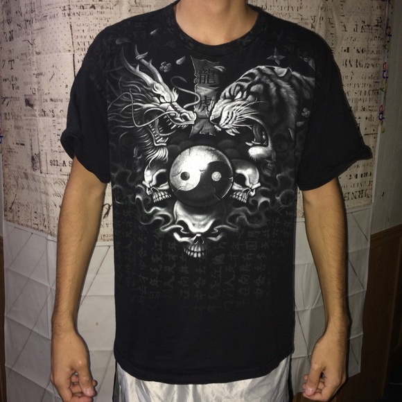 t shirt black design has tiger skull ying yang - Picture 1 of 5